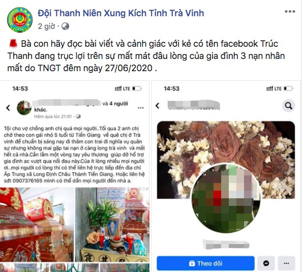  Cộng đồng mạng cảnh báo tài khoản Facebook, có dấu hiệu trục lợi từ vụ tai nạn. Ảnh: Anh Minh.