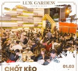 May be an image of 7 people and text that says 'LUXX CARDENN FOOD& FOOD&BEER BEER 01.03 CHỐT KÈO ĐÂU THÁNG ƯU ĐÃI NGẬP TRÀN 07.03 HOTLINE: 0907 107 212 GIẢM NGAY 15% CHO NHÓM KHÁCH TRÊN 10 NGƯỜI ÁP DỤNG CHO CẢ TUẦN VÀ SAU 17:00 275-276 Ly Thuong Kiet, My Tho, Tien Giang'