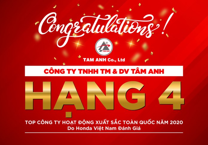 HEAD Tâm Anh vinh dự đứng thứ 4 trong top 10 công ty hoạt động xuất sắc nhất toàn quốc năm 2020 của Honda Việt Nam